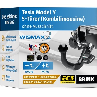 ANHÄNGERKUPPLUNG für Tesla Model Y 21-24 abnehmbar BRINK +13pol E-Satz ABE