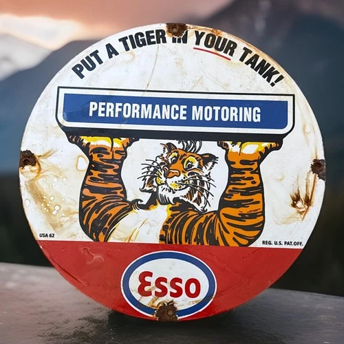 Vintage 12” ESSO Gas Oil Tiger In Your Tank Porcelain Enamel Metal Pump Sign