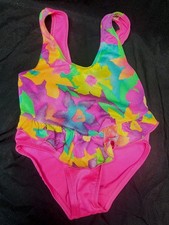 90s Vintage Kids One Piece Swim Suit Size 3t One piece Ruffle Tutu NEON PINK 