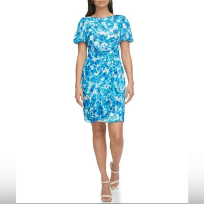 DKNY Chiffon Boat Neck Mini Puff Sleeve Drape Sheath Dress Size 16