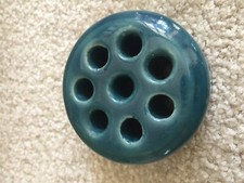 Vintage Round Teal Glazed Pottery Flower Frog Holder With 8 Holes FREE SHIP