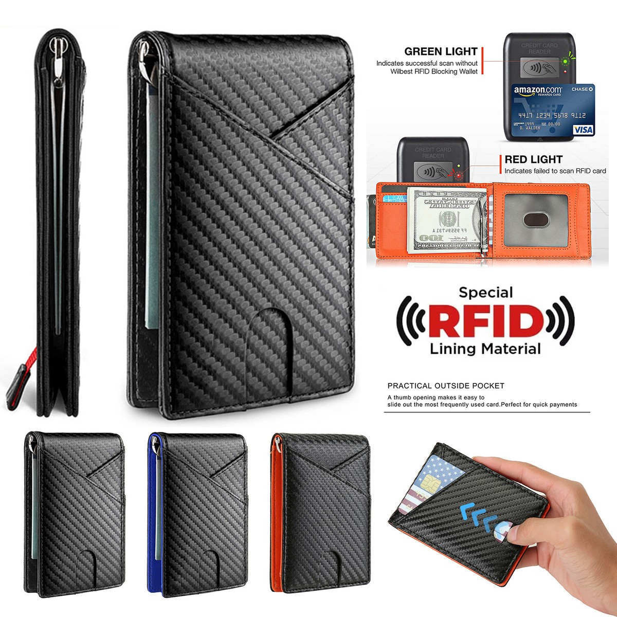 Slim Mens Wallet with Money Clip Leather RFID Blocking Bifold