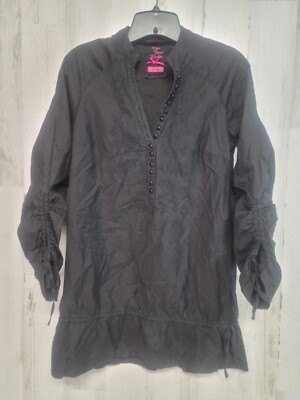 Vintage Pepe Jeans Shirt Women Large Black London Embroidered Ruched Sleeve