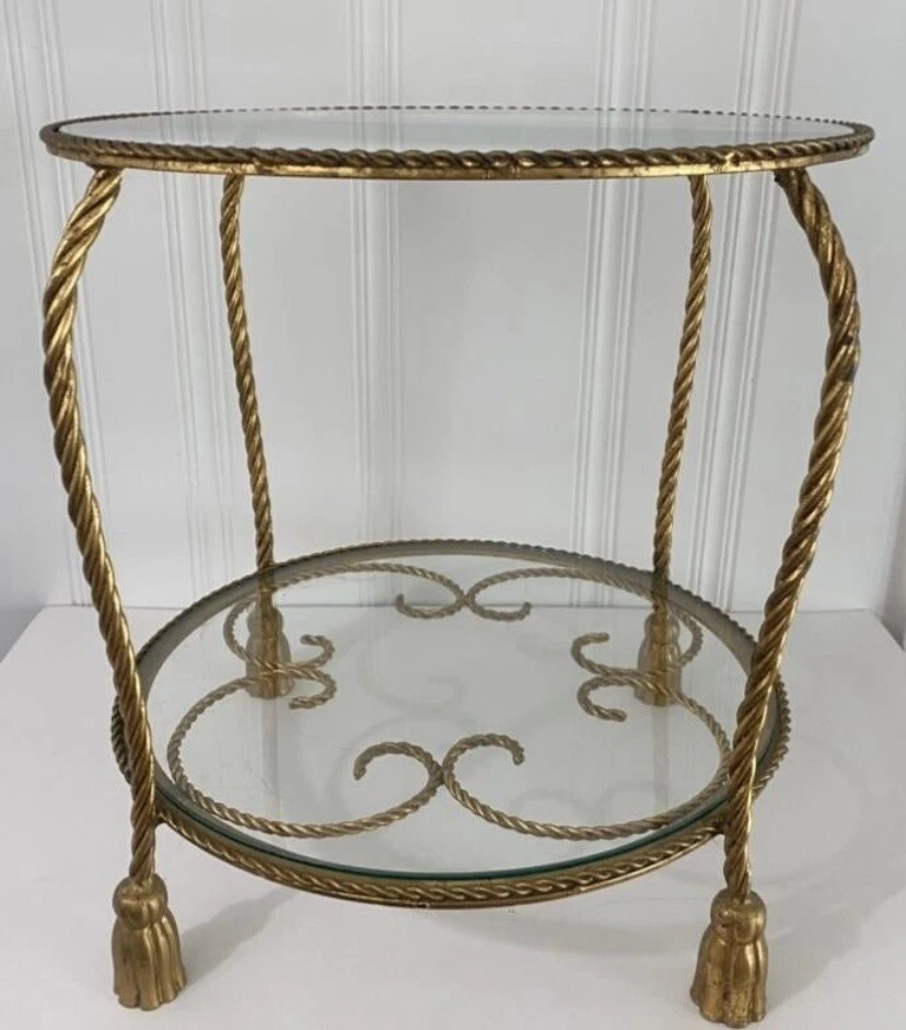 Mesa auxiliar italiana Mid Century dorada con borla y cuerda con acento redondo Hollywood Regency Foto 3 de 4