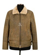 Herren Lammfell Pelzjacke Antik/Beige Fell Echt Lammfell Flieger Pilot RAF