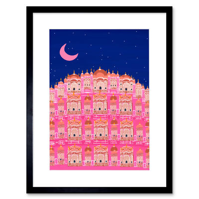 Hawa Mahal Indien Palast rosa Illustration gerahmter Wandkunstdruck 12 x 16 Zoll