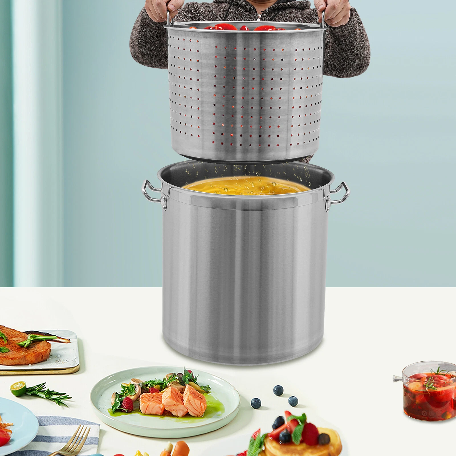 20QT Cooking Pot Set 14.8*13.8in Stainless Steel Soup Pot Draining Bucket w/ Lid