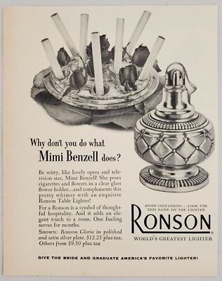1953 Magazine Print Ad Ronson Table Cigarette Lighters Mimi Benzell