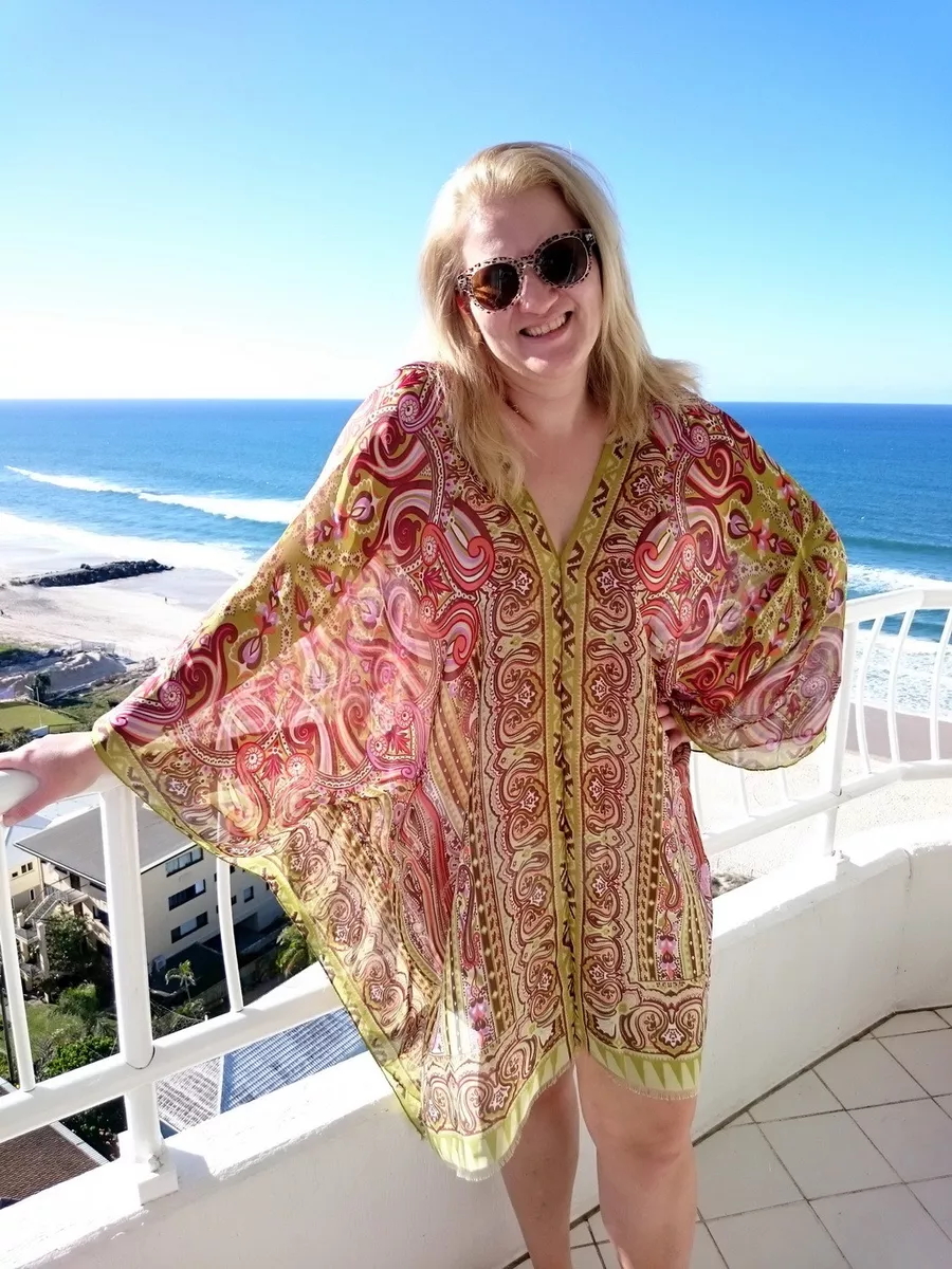 Plus Size Silk Kaftan Top Beach Coverup Paisley Stylish Resort