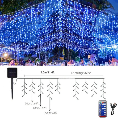 Solar LED Hanging Icicle Curtain String Lights Outdoor Xmas Wedding Party Decor - Picture 20 of 20