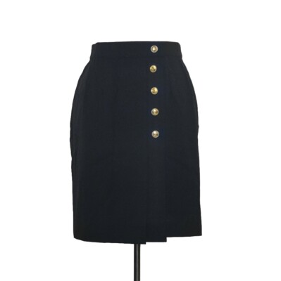 Escada Margaretha Ley EU Size 34 Black Wool Skirt Pleats Black Gold Tone Buttons