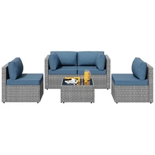 SUNLEI 5pc Patio Set, Silver Rattan Sofa w/Table, Aegean Blue(For Parts)