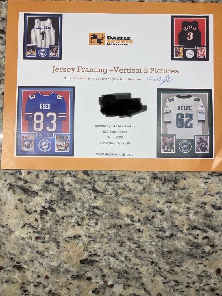 Dazzle Sports Jersey Framing Certificate:     289.99 VALUE!     READ DESCRIPTION