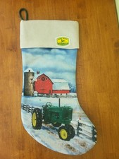 John Deere Farm Tractor Christmas Stocking Green Red Barn Silo Winter Snow T7