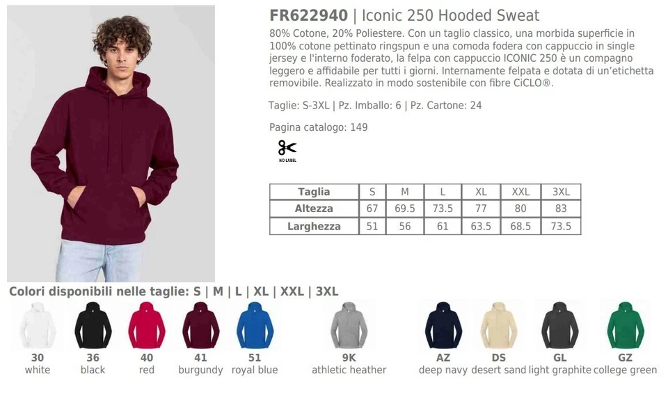 FRUIT OF THE LOOM Sudadera de algodón interior felpado con capucha ICONIC FR622940 - Imagen 2 de 3