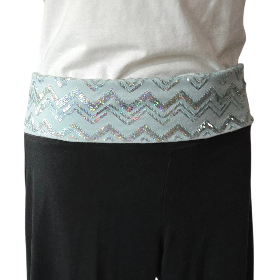 Pink Victorias Secret Womens Fold Over Yoga Pants Large Black Blue Sequin Y2K - Image 2 of 4