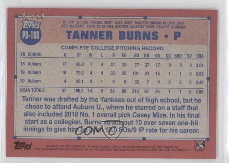 2021 Topps Pro Debut Red /10 Tanner Burns #PD-180 - Image 2 of 2