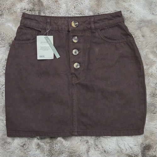 ASOS BROWN DENIM SKIRT 100% COTTON BUTTON FRONT WOMEN'S NWT - Picture 1 of 10