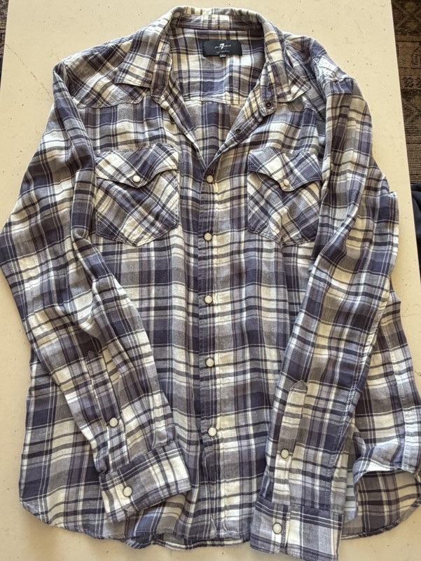 7 For All Mankind Men’s L Blue/White Plaid Long Sleeve Button-Up Pockets