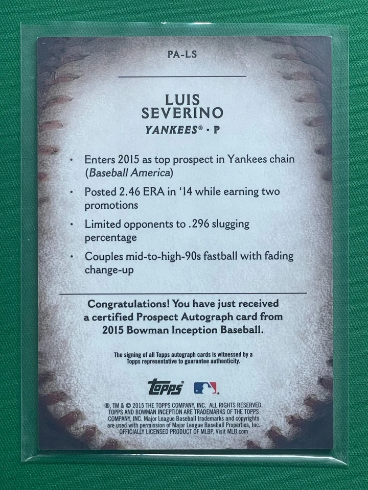 2015 Bowman Inception Green #PA-LS Luis Severino     AU, /99 - Image 2 of 2