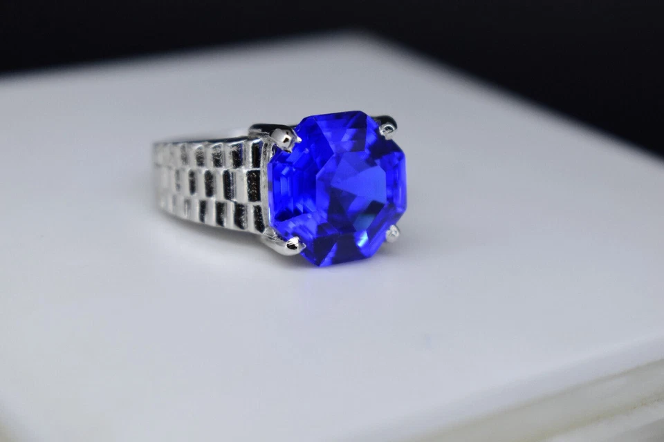 Anello da uomo in argento sterling 925 tanzanite blu 8 ct + pietra nascita... - Immagine 4 di 4