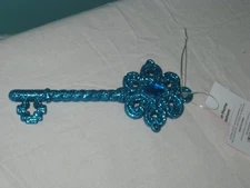 Christmas Tree Ornament Key Faux Gem Turquoise Blue Glitter New