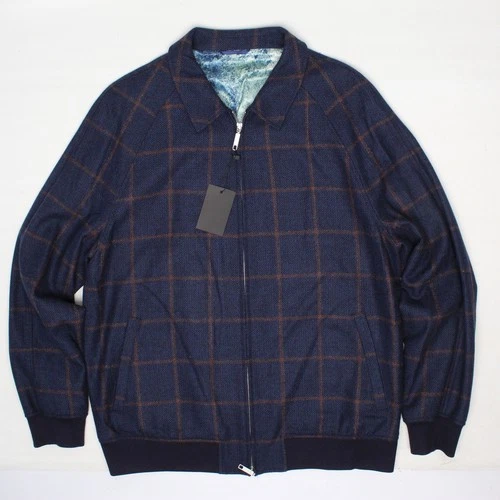 Custom Bomber Jacket Mens 44 Blue Brown Windowpane Plaid Wool  Zip Up Blouson - product listing photo