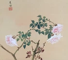 P1660 Vintage Japanese Hanging Scroll Pink Rose Flower Silk Art Hand Painted