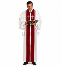 Priest Pastor Choir Robe White Full Length Church Cassock with Red Panels
