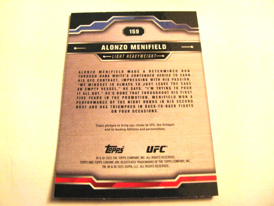 2025 Topps Chrome UFC Blue Wave Refractor /75 Alonzo Menifield Parallel card 159 - Image 3 of 3