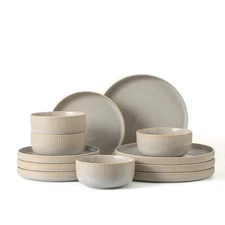 Stoneware Dinnerware-Sets for 4,12 Piece Kitchen Plates and Bowls Set,Reactiv...