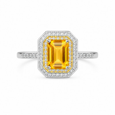 Natural Citrine Ring 6x8mm Emerald Cut Double Halo 925 Sterling Silver CZ
