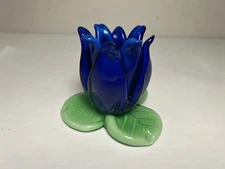 Vintage Murano Style Glass Cobalt Blue Green Leaf Flower