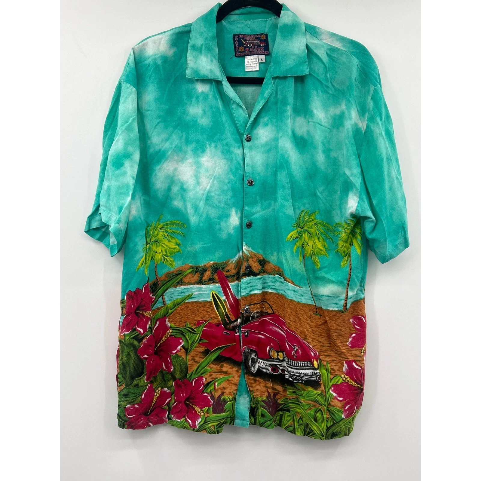 Hawaiian BASIX Button Down Shirt L Tropical Beach Car Print Camp Aloha Luau