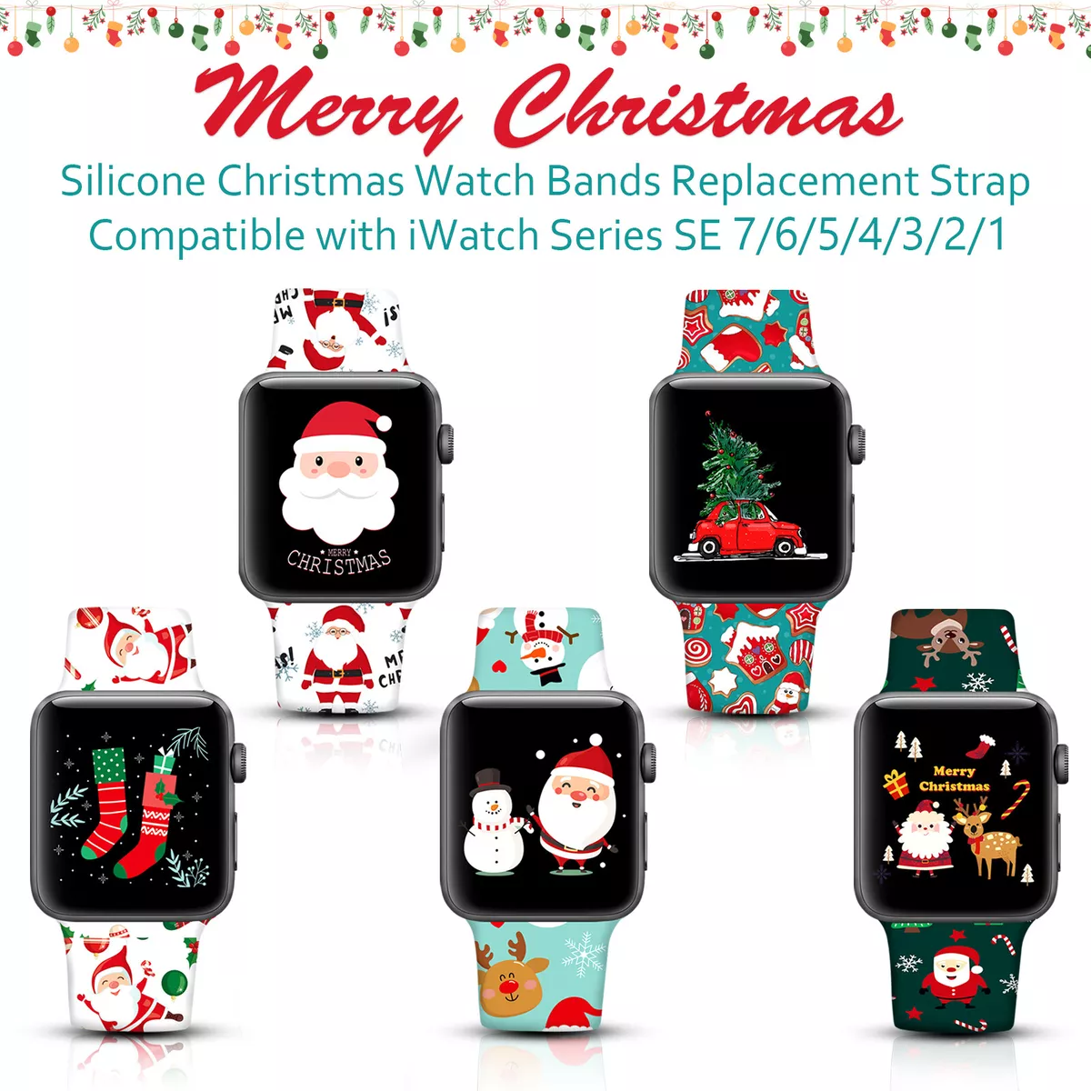  Christmas Watch Bands with Band Charms Decorative & Rings Loops  for Apple Watch 38mm/40mm/41mm/42mm/44mm/45/49mm for iWatch SE/Series8 7 6  5 4 3 2 1, Replaceable Holiday Soft Silicone Sport Watch Bands