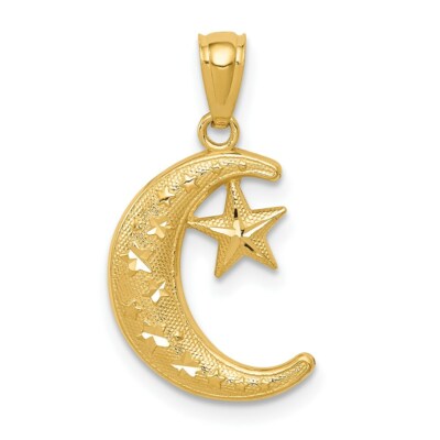 14k Gelbgold poliert & strukturiert Mond & Sterne Charm Anhänger