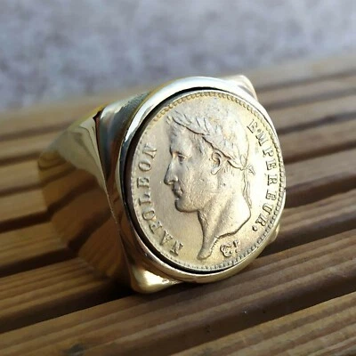 Bague Chevalière Carré 20 Francs Napoléon Bonaparte en Acier Inoxydable Doré Or - Photo 1/4