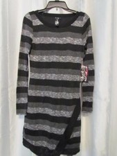 NWT Trixxi Juniors Striped Asymmetrical Black Grey Sweater Dress M Org $69.00