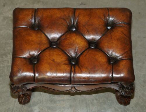 FINE PAIR OF ORNATE HAND CARVED VICTORIAN BROWN LEATHER CHESTERFIELD FOOTSTOOLS - Picture 5 of 16