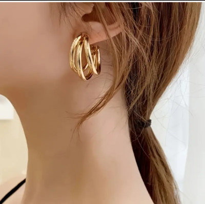 Ohrringe Ohrstecker Ohrschmuck Glänzender dreilagiger Design Reifen Gold Earring