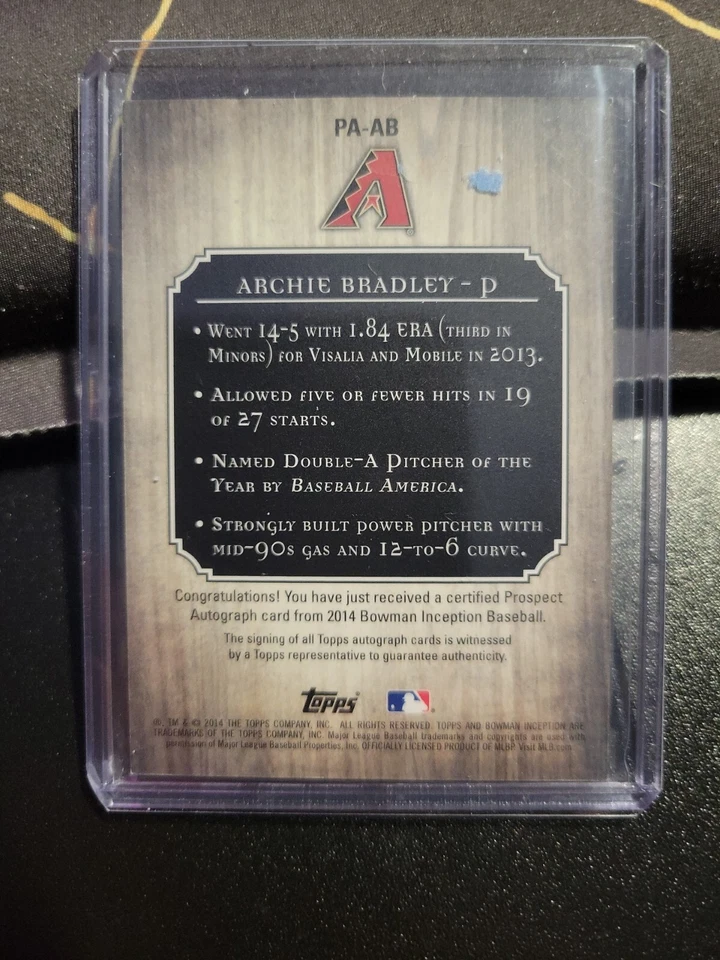 Bowman Inception Archie Bradley Prospect 2014 automático PA-AB DIAMONDBACKS 1/1 Foto 2 de 2