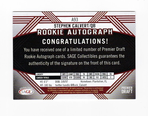 2020 SAGE HIT Autographs Red #A93 Stephen Calvert RC Auto Liberty Flames - Picture 2 of 2