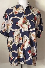 Vintage Navy Floral & Pin-Up Girls Hawaiian Shirt-Mako Made in USA Size X-Large