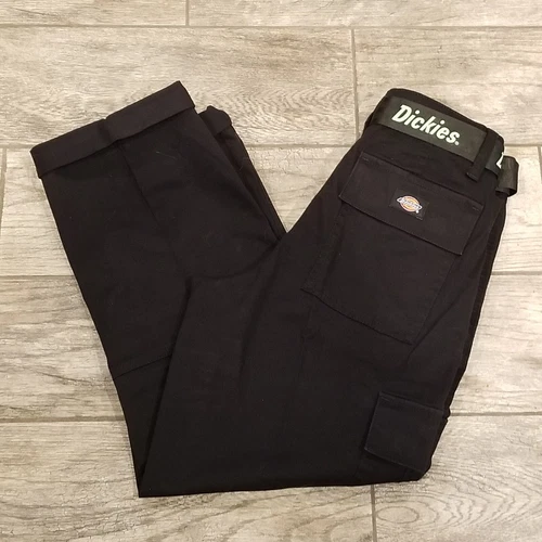 Dickies Women's Relaxed Fit Cropped Cargo Pants Belt Belted Black New