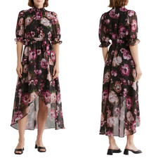 NEW Eliza J BLACK Floral CHIFFON Smocked MOCK NECK High-Low MIDI DRESS 8