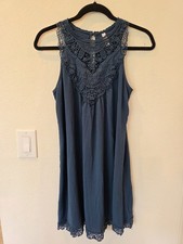 Y2K Xhilaration Boho Mini Dress Sz M Teal Blue CrochetLace Festival Forest Fairy