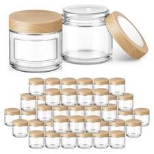 2 oz Glass Jars with Plastic Woodgrain Lids, 48 pack Round Clear Cream Jars w...