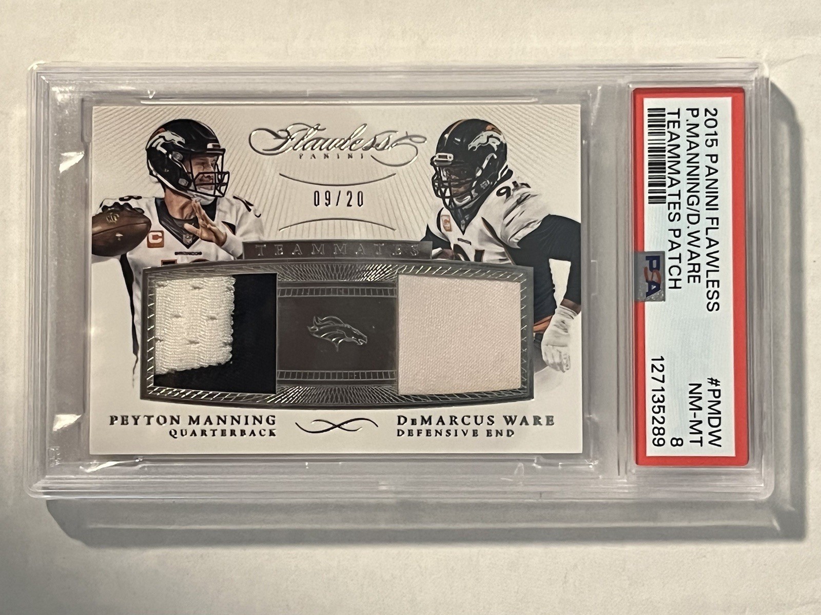 2015 Flawless Peyton Manning DeMarcus Ware Game Worn Patch /20 PSA 8 POP 1 view 1