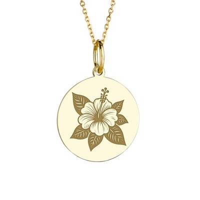 14K Gold Hibiskus Halskette, Februar Blume Talisman, graviertes Blumenmedaillon