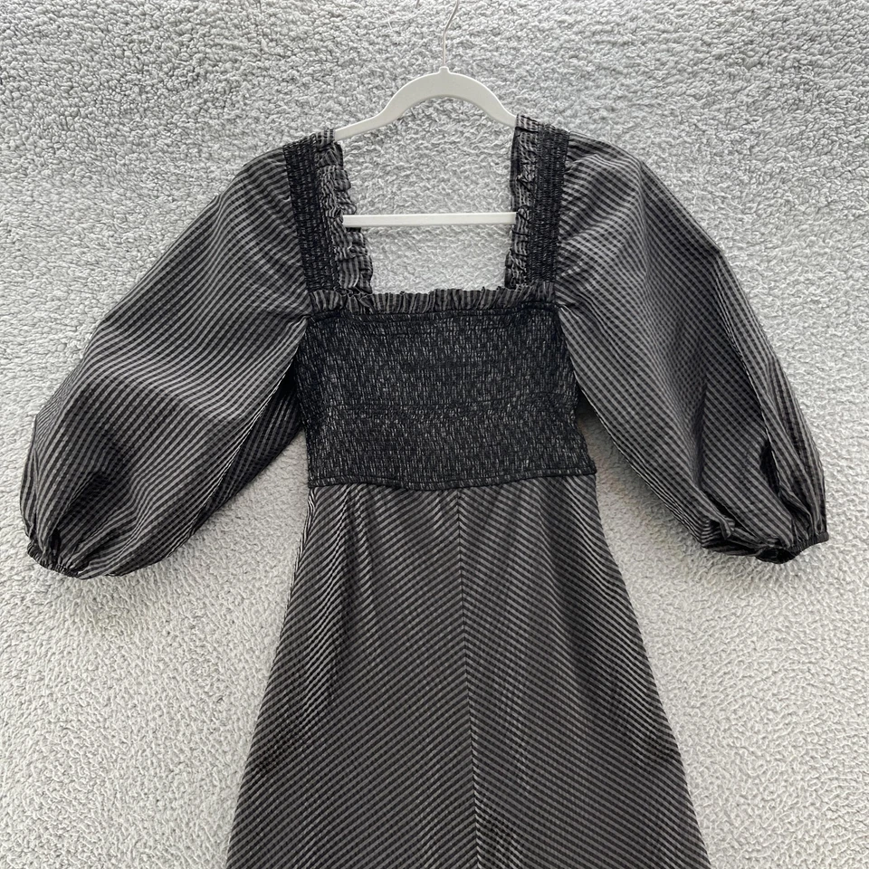 Ganni Dress 2 Black Gray Shirred Gingham Puff Sleeve Midi Maxi Ruffle Hem - Image 2 of 4